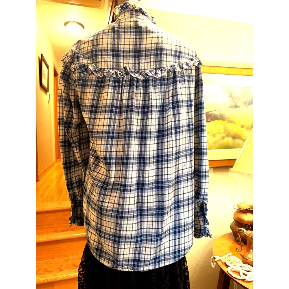 Ralph Lauren Women Sz 8 White Plaid Flannel Ruffled Mock Collar Long Sleeve - Picture 2 of 10